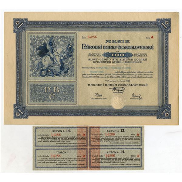 Czechoslovakia,  Narodni Banky Ceskoslovenská, 1926 I/U Gold Dollar Stock Certificate Rarity