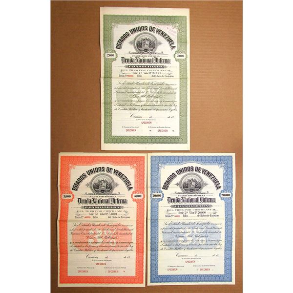 Venezuela. Deuda Nacional Interna, ND (ca.1910-20), Specimen Bond Trio