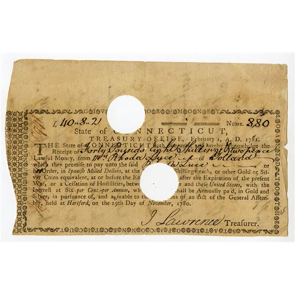 State of Connecticut, 1780 Treasury Office Note for Loan Payable in Spanish Milled Dollars