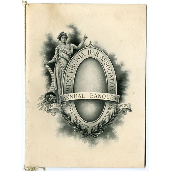 West Virginia Bar Association Annual Banquet, 1908 Program and Menu with Ornate Engraved Cover.