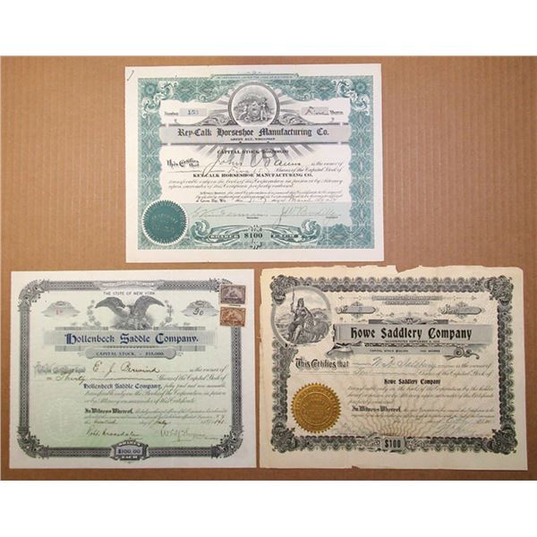 Horse Care, Horse Shoe, and Saddle, I/U Stock Certificate Trio, 1898 to 1914