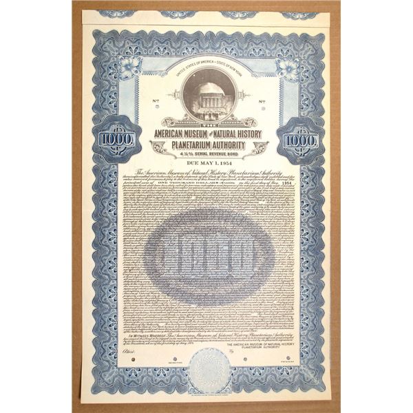 American Museum of Natural History Planetarium Authority, 1934 Specimen Bond Rarity