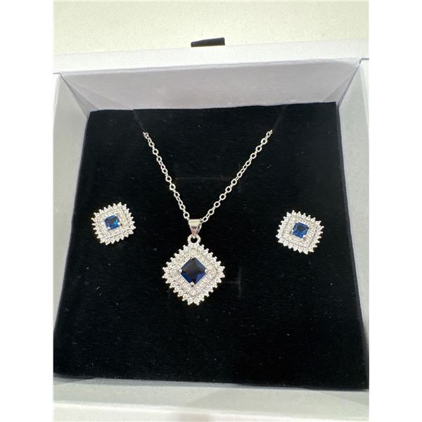 New platinum plated 1CT lab created blue sapphire double halo Princess cut necklace & stud earrings