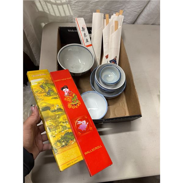 Chopsticks bowls, and wall scrolls