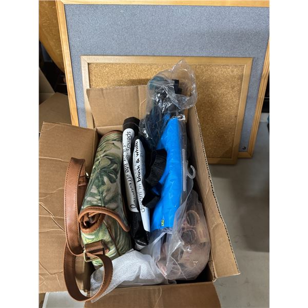 Cork boards, coin, rollers, and assorted bags