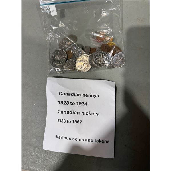Various coins and tokens Canadian pennies 1928 to 1934 Canadian Nichols 1936 to 1967