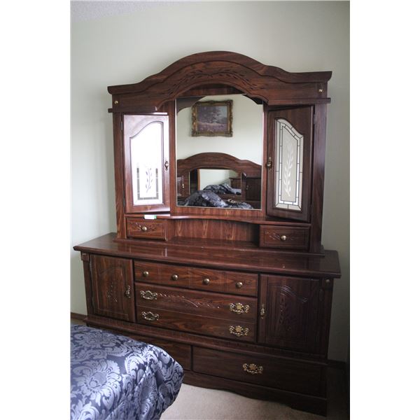 **Two Piece Dresser & Mirrored Hutch: (4) Drawers, (2) Doors - 64" x 17" x 78" Tall w/Mirrored Hutch