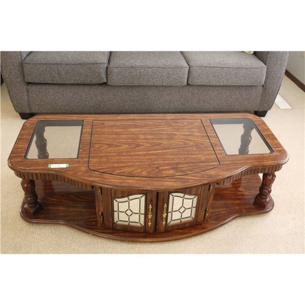 **Coffee Table Wood & Glass Top w/Doored Storage Area - 54" x 26" x 15