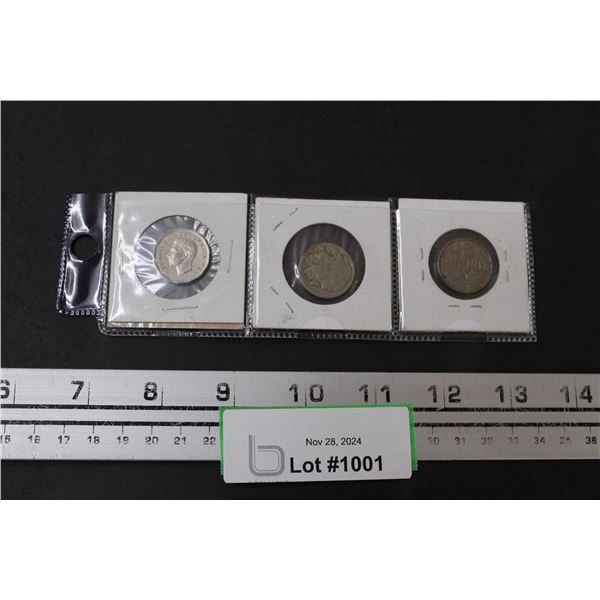 1922 Canadian Nickel, 1951 Celebration Canadian Nickel, American Buffalo Nickel (Year?)