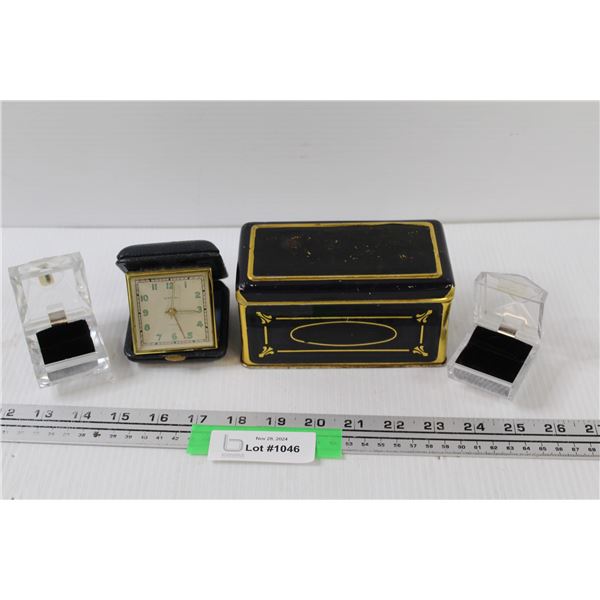 Folding End Table Clock, Collector Tin, (2) Ring Cases