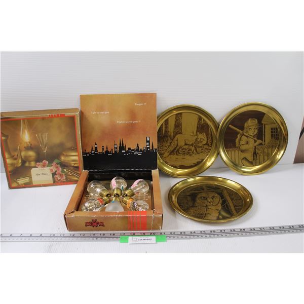 Light Bulb Liquor Bottles Set (Empty) & (3) Brass Art Plates: Owl, Fox, Girls Baseball