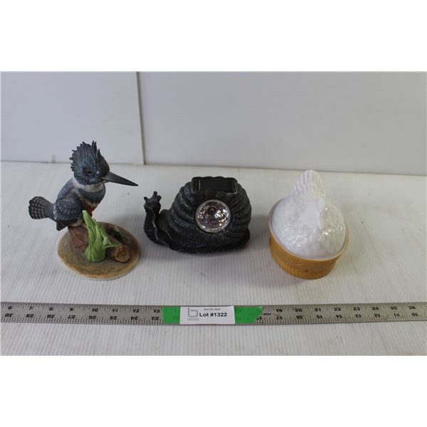 Hen on Nest, Solar Light Snail, Woodpecker Décor Item