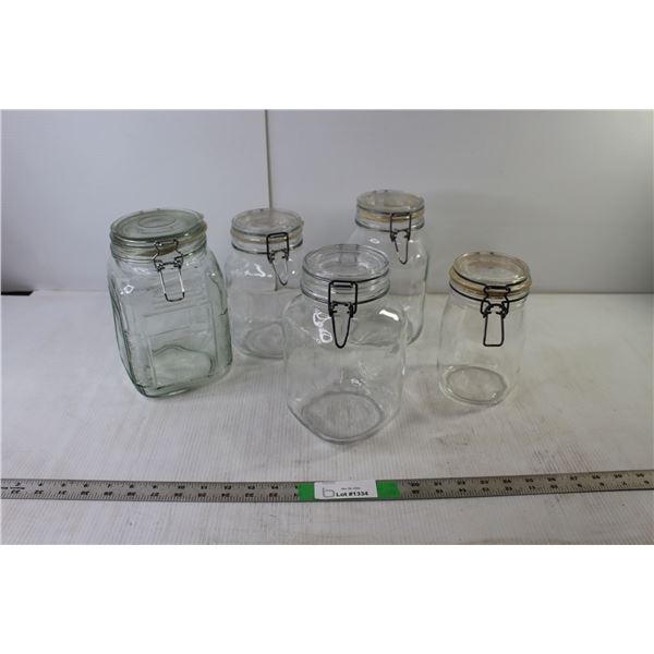 (5) Glass Mason Jars- Assorted Sizes - Wired on Lids