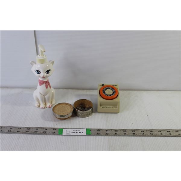 Cat Soap Dispenser, Vintage Timer, Tin of Paper Clips