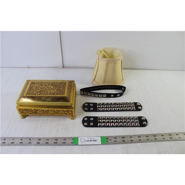 Gold Colored Tin, (2) Studded Arm Bands & Collar, Lamp Shade