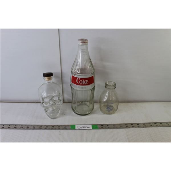 (3) Glass Bottles- Coke 13" Tall, Skull & Dutchmen Dairy