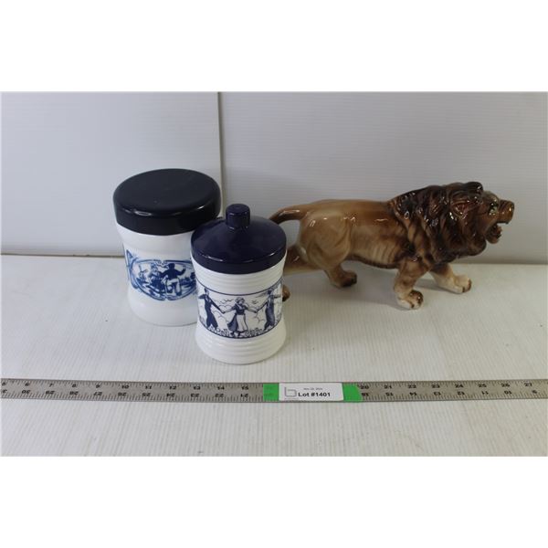 (2) Dutch Glass Canisters & Lion Figurine