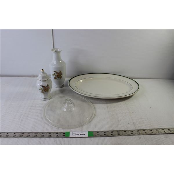Glass Household Items- Matching Vase Set, Plate 15" Long, Clear Lid