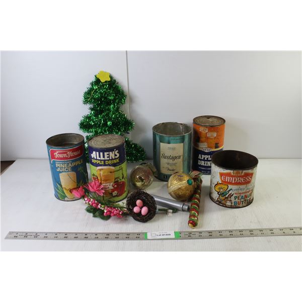 Household Items- Christmas Decor, (5) Tin Cans, Misc.