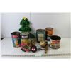 Image 1 : Household Items- Christmas Decor, (5) Tin Cans, Misc.