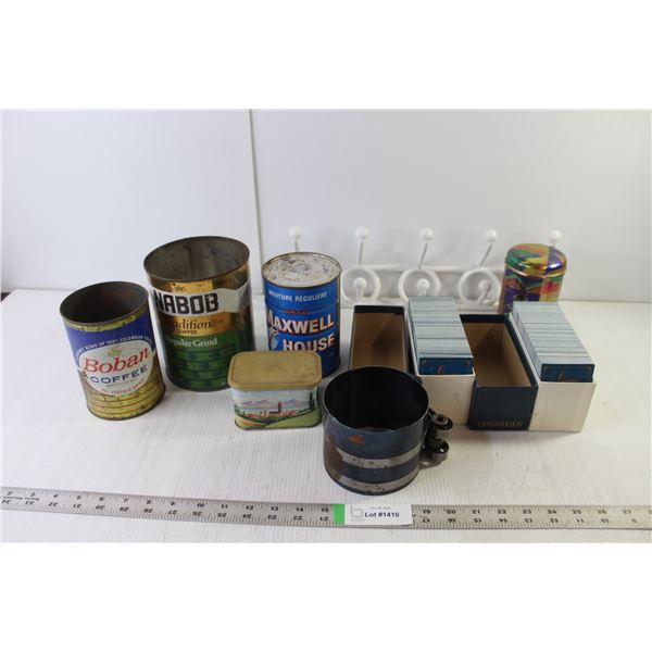 Household Items- (3) Vintage Coffee Tins, Trivial Pursuit Cards, Misc.