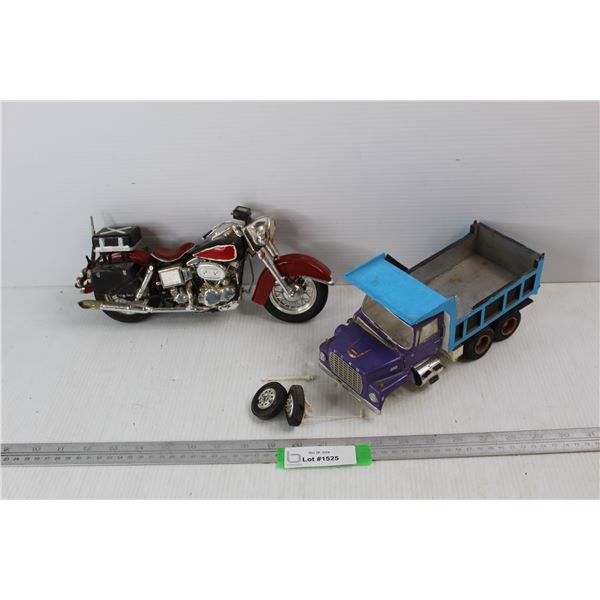 Plastic Ford Dump Truck, Plastic Motorcycle- Both Damaged