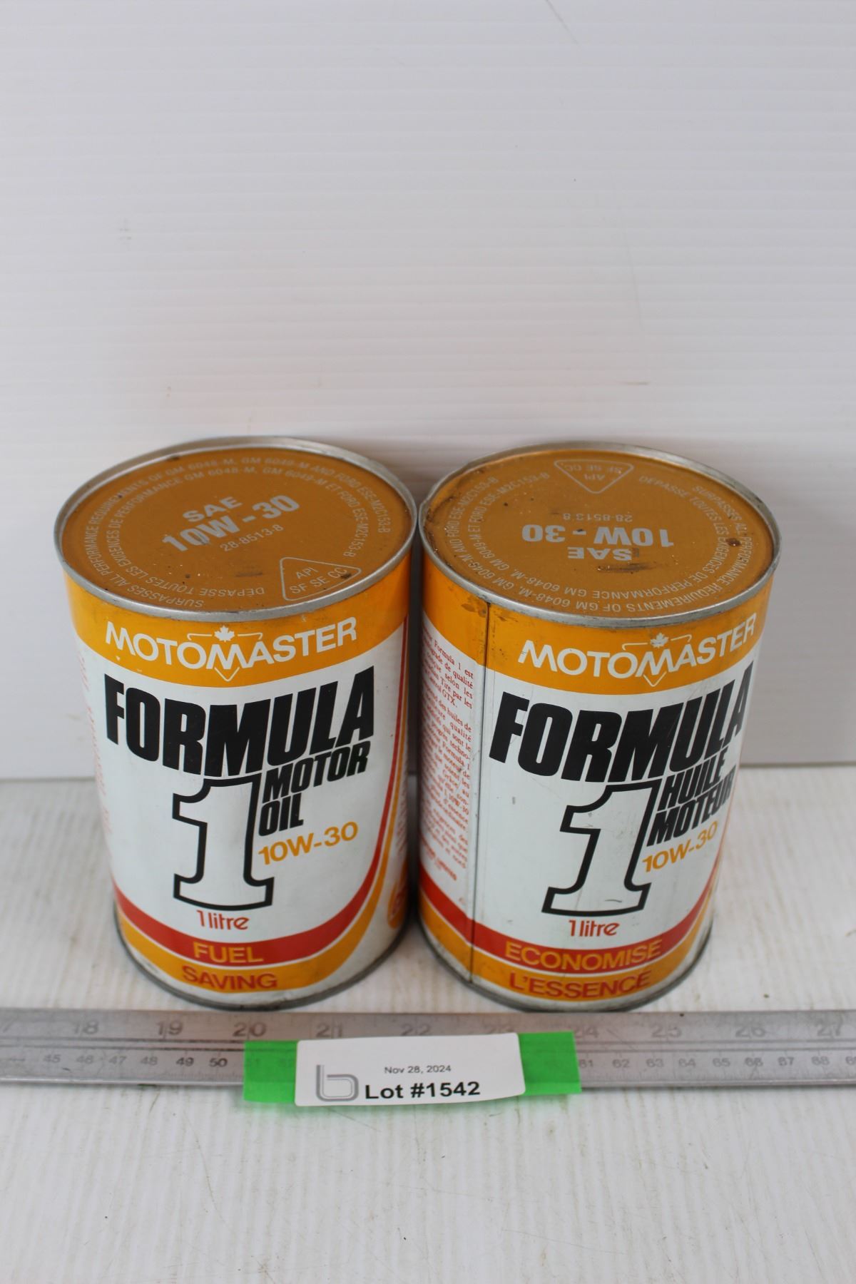 2) 1 Litre Motomaster Formula 1 10 w 30 Motor Oil Cans- Both Full 
