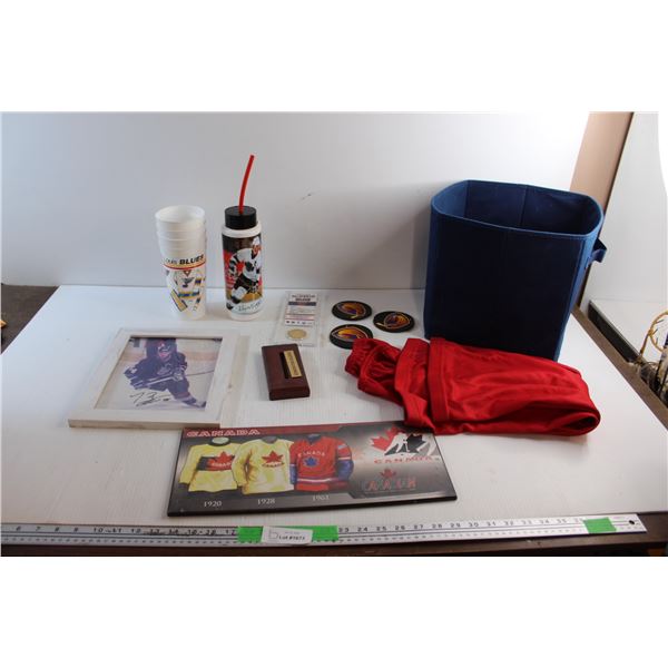 Hockey Leggings, NHL Plastic Cups, Coca Cola Water Bottle, Todd Bertuzzi Signed Framed Print, Connor