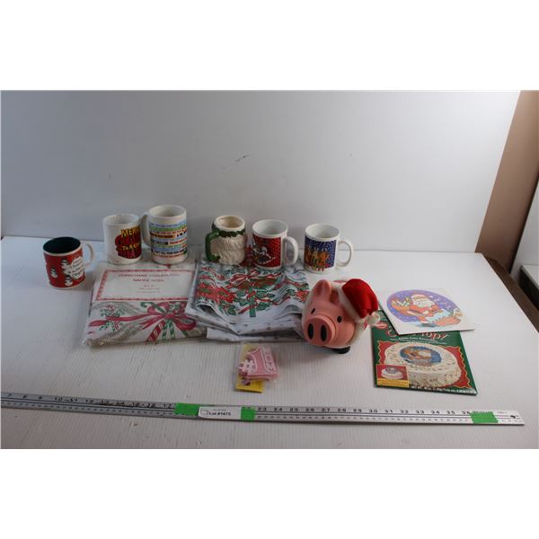 Christmas Table Cloths, Ceramic Mugs, Piggy Coin Bank and Edible Cake Decor