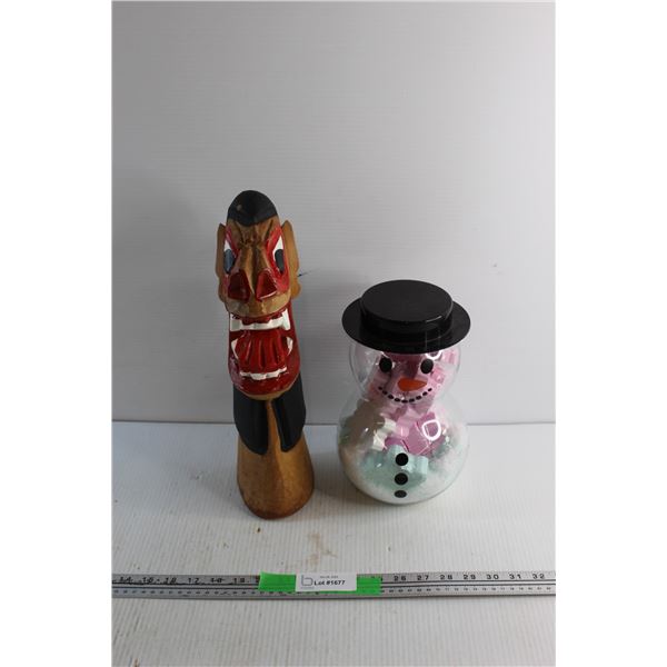 Wooden Carving Decor and Plastic Snowman Christmas Decor