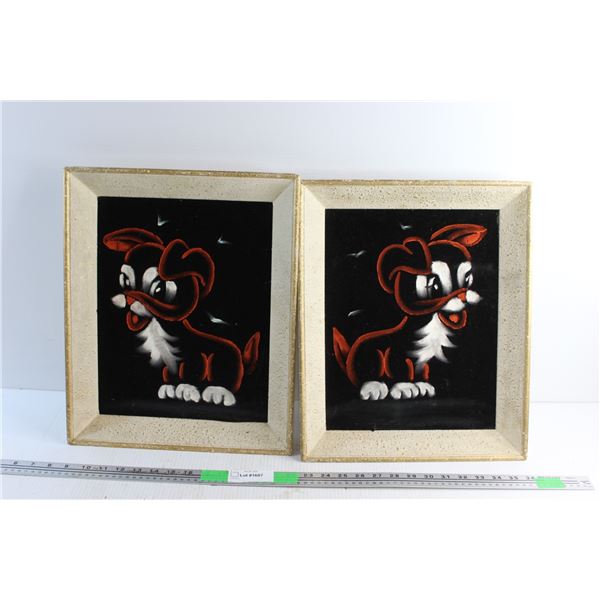 (2) Framed Velvet Painting Puppy Art 17'' x 14''