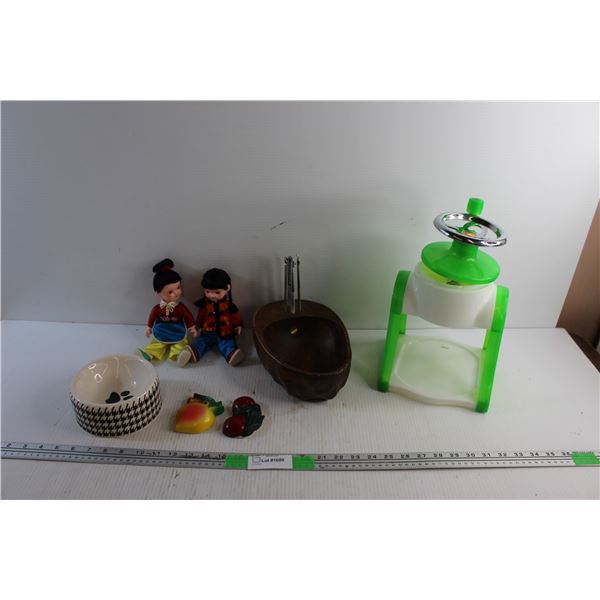 Block Ice Shaver, Ceramic Wall Fruit Decor, Nut & Pet Bowls and Chinese Porcelain Dolls