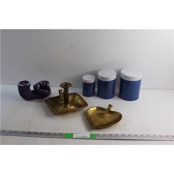 Brass and Ceramic Candle Holders, Storage Tins and Brass Serving Tray