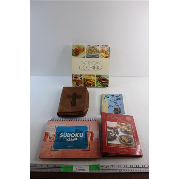 Book Case and (4) Books - Sudoku Puzzles, Everyday Cooking and Holiday Entertaining