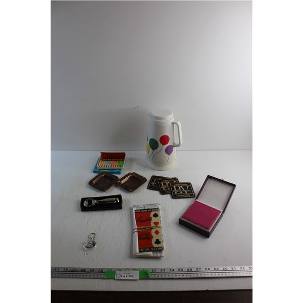 Water Pitcher, Coasters, Labatt Bottle Opener, Mini Forks, Ash Trays and Key Chain