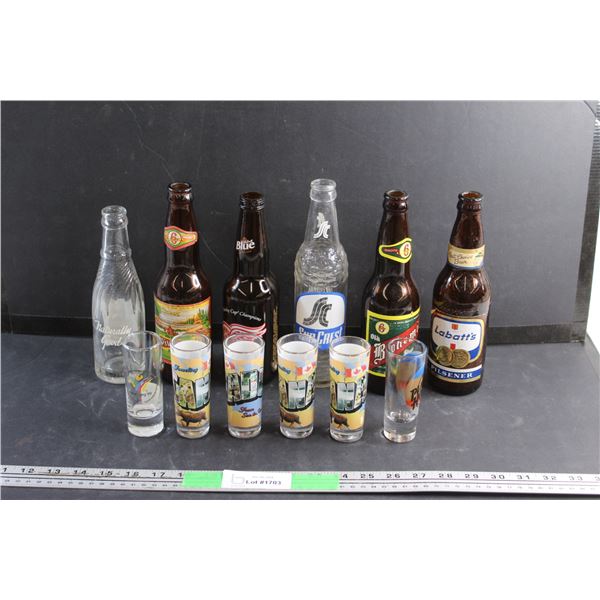 (6) Shot Glasses - Canada and Winnipeg Pan American Games and (6) Vintage Bottles - Pilsner. Labatt'