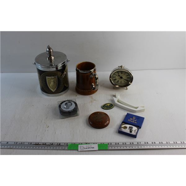 Ice Bucket, Mug, Bond Street Clock, Dennis Hull Hockey Puck, Key Chain, Drawer Handles and Misc.
