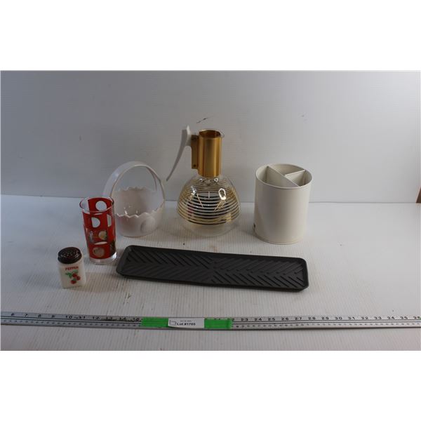 Ceramic Basket, Water Pitcher, Pepper Shaker, Glass Cup and Misc.