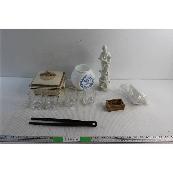 Glass Cups, Porcelain Statue, Milk Glass Canister Jar, Tongs, Porcelain Storage Box with Lid and Mis