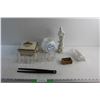 Image 1 : Glass Cups, Porcelain Statue, Milk Glass Canister Jar, Tongs, Porcelain Storage Box with Lid and Mis