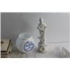 Image 2 : Glass Cups, Porcelain Statue, Milk Glass Canister Jar, Tongs, Porcelain Storage Box with Lid and Mis