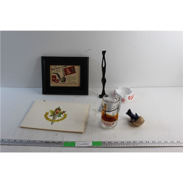 Framed Vintage Tobacco Ad, Ash Tray, Glass Mug, Hockey Hall of Fame and Misc.