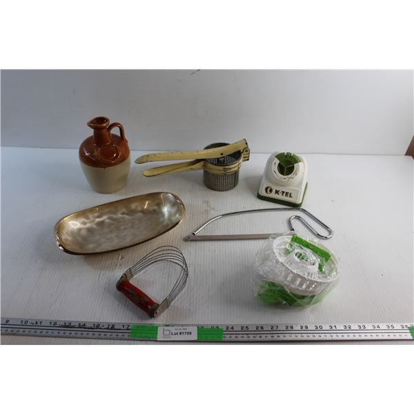 K Tel Blade Sharpener, Chip Maker, Ceramic Jug, Potato Press, Serving Tray, Handsaw and Pastry Knife