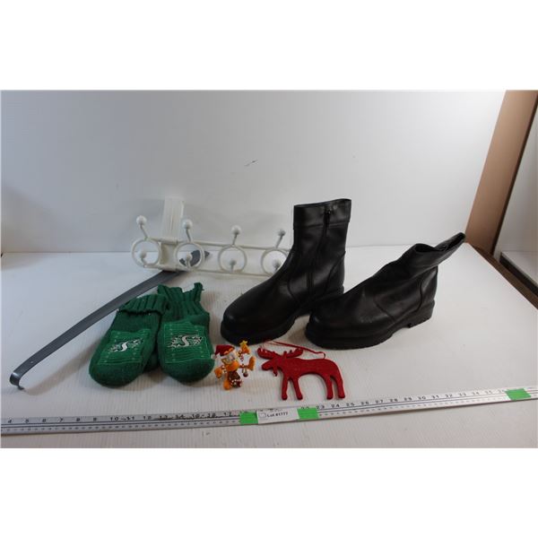 Moose and Garfield Ornaments, Saskatchewan Roughriders Gloves, Clothes Rack, High Boots - Size 12 an