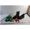 Image 1 : Moose and Garfield Ornaments, Saskatchewan Roughriders Gloves, Clothes Rack, High Boots - Size 12 an