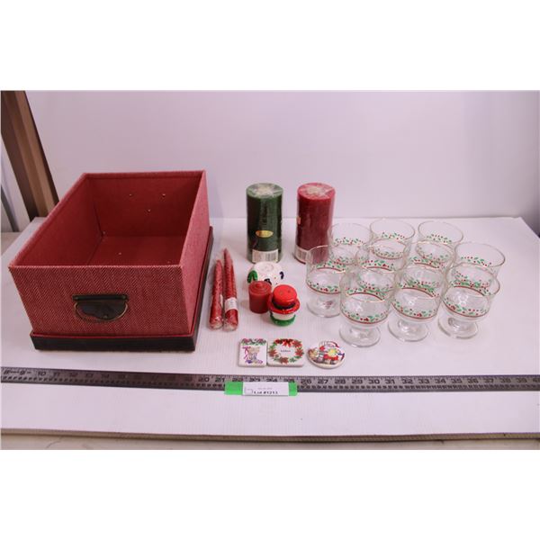 Christmas Theme Set 10 Glasses, Candles (NIB), Misc.