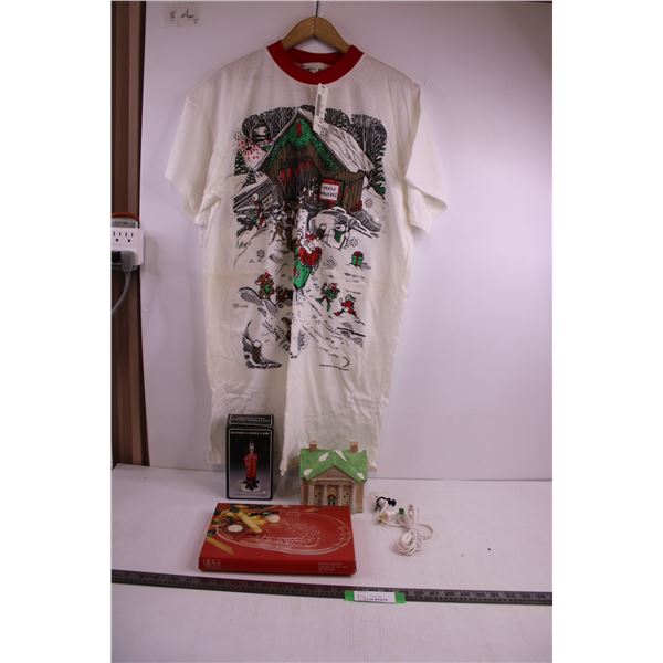 Christmas Theme Pajama Shirt (NIB) Size L, Serving Platter "Santa's Sleigh", Lamps (Candle, Mini Lib