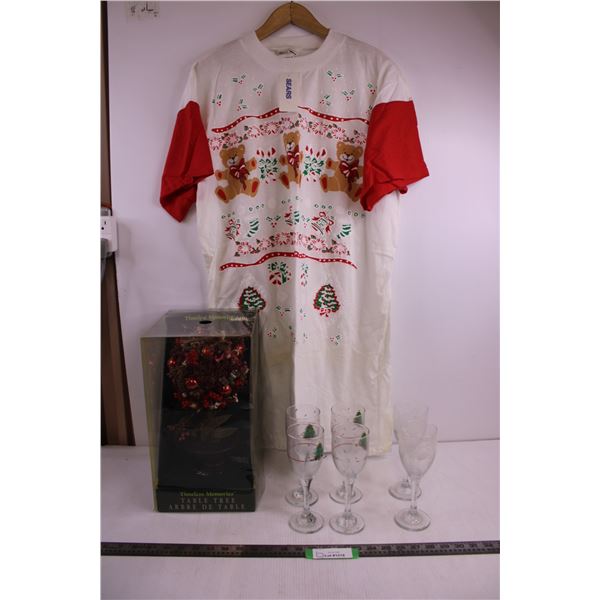 Christmas Theme Pajama Shirt (NIB) Size L, Christmas Ornamental Table Tree, (6) Wine Glasses - Chris