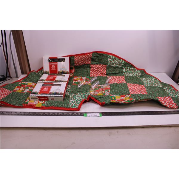 Christmas Tree Base Cloth 49" Dia, (3) Alderbrook 35 Light Set (NIB), Set of 6 Christmas Tree Orname