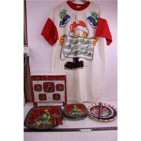 Christmas Theme Pajama Shirt "Garfield" (NIB) Size L, 12 " Ceramic Pie/Cake Plate Set, 2-Tier Servin